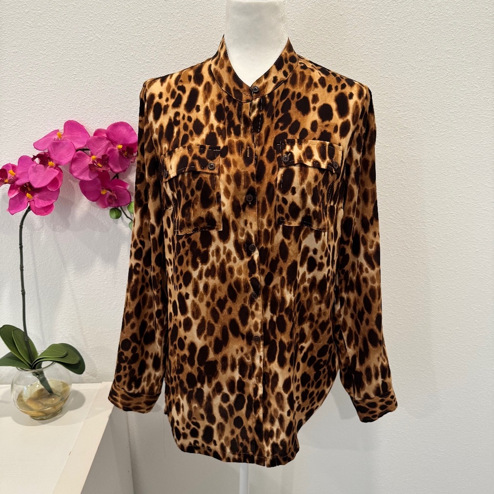 JONES OF NEW YORK Women’s Brown & Beige Leopard Print Button Front Blouse Medium